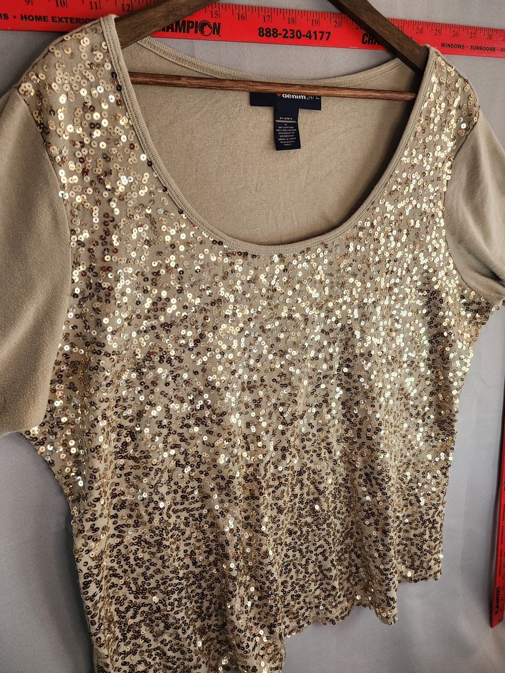 Denim 24/7 Gold Sequin Scoop Neck Short Sleeve Top